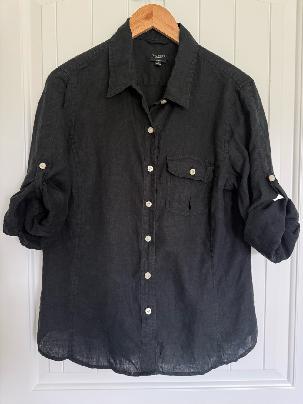 Talbots Black Pure Irish Linen Roll Tab Button Down Shirt Top Medium
